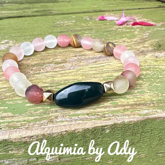 Watermelon chunky Tourmaline / green agate beaded statement bracelet /maximalist - Picture 1 of 3